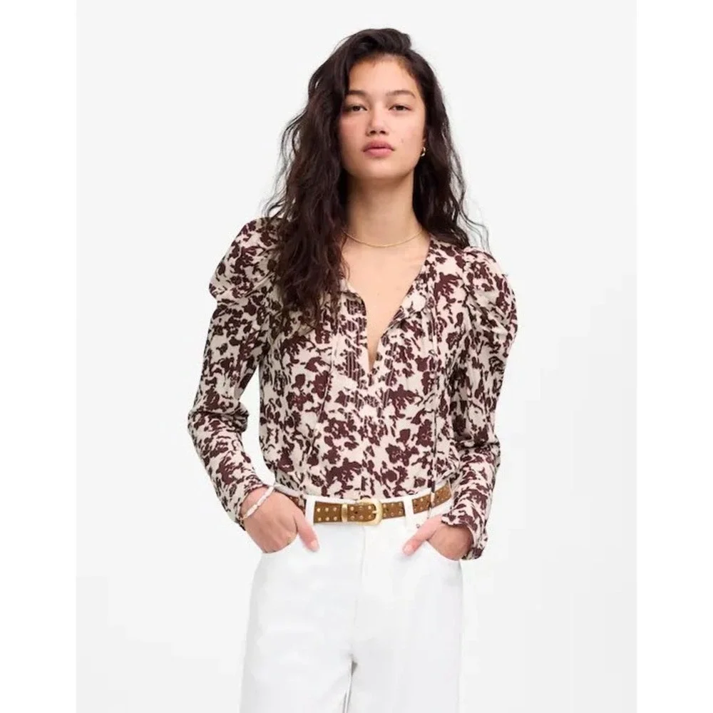 Madewell Draped Tie-Front Top XXS Chocolate Raisin Floral‎ Puff Sleeve